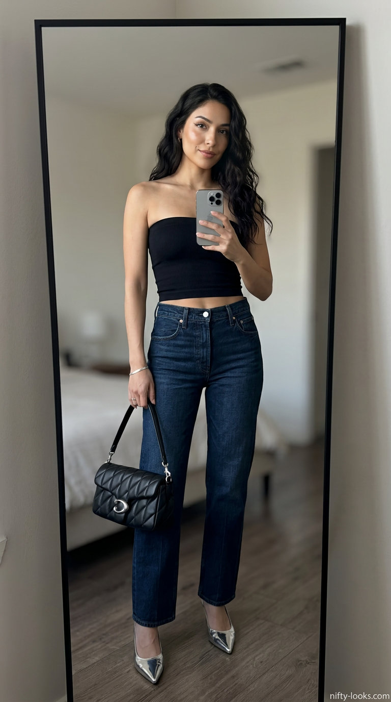 Modern summer tube top with jeans outfits 2026: Black tube top, dark wash straight-leg jeans, silver mules, crossbody bag.
