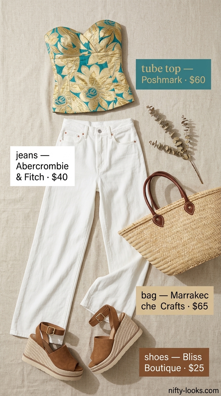 Coastal chic summer tube top with jeans outfits 2026: White wide-leg jeans, teal satin tube top, straw tote, espadrilles.