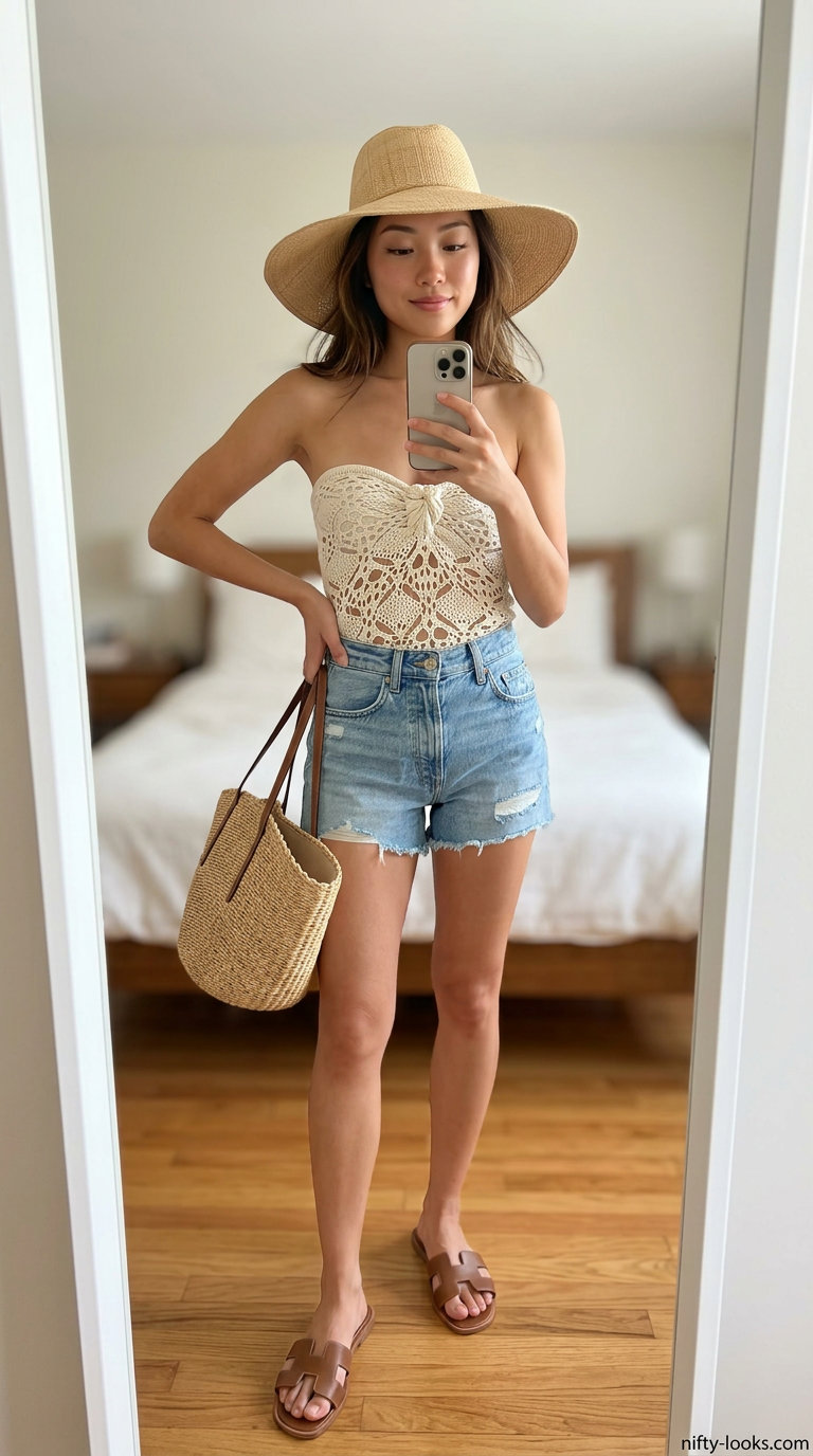 Coastal escape outfit: off-white crochet tube top, denim cutoff shorts, straw hat, slide sandals for summer 2026.