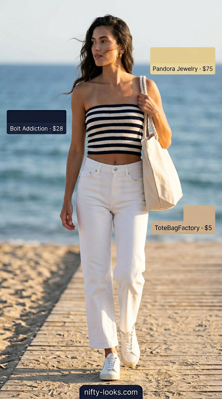Nautical summer tube top with jeans outfits 2026: White jeans, navy striped tube top, canvas tote, hoop earrings.