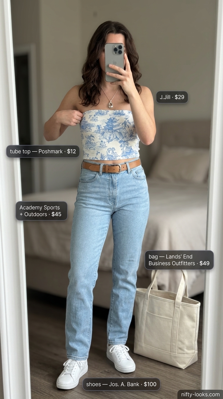 Denim on denim outfit: abstract print tube top, relaxed fit jeans, minimalist sneakers for summer 2026.