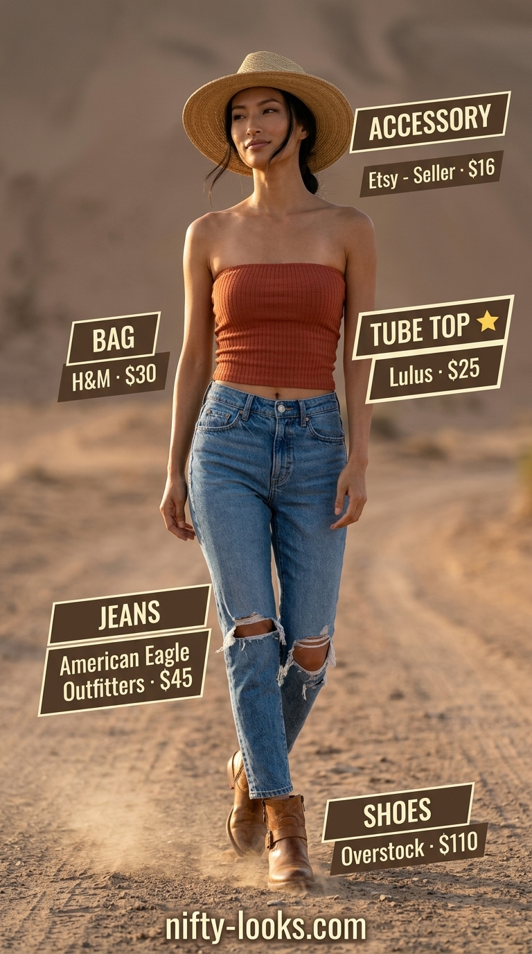 Desert road trip outfit: rust orange tube top, distressed jeans, straw hat, leather boots for summer 2026.
