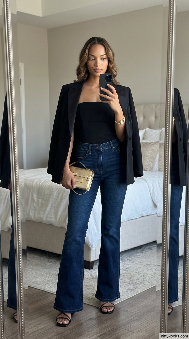 Chic summer tube top with jeans outfits 2026: Black blazer, dark wash flared jeans, fitted tube top, strappy heels.
