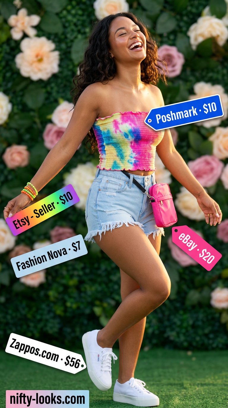 Festival fun outfit: tie-dye tube top, distressed denim shorts, platform sneakers for summer 2026.