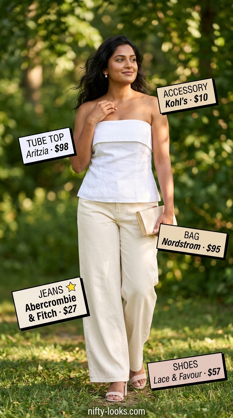 Chic white tube top with cream wide-leg jeans for a garden party outfit 2026.