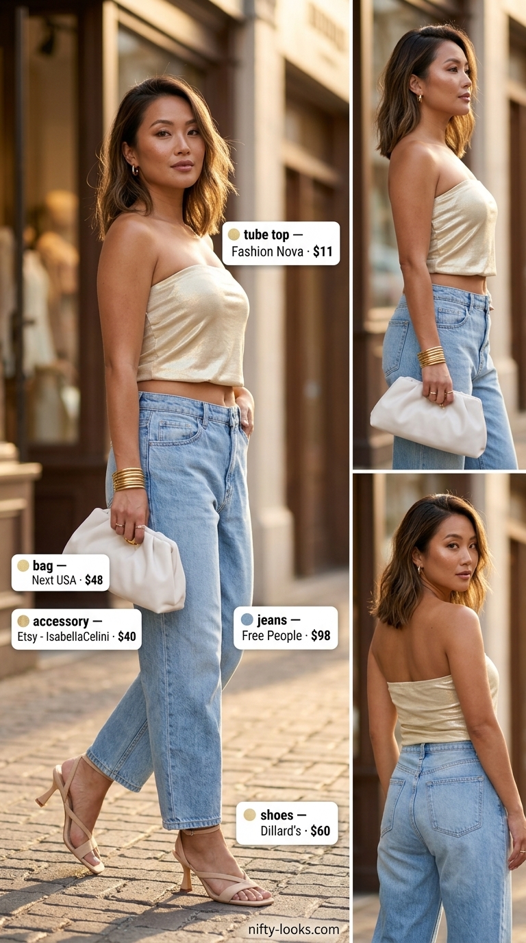 Glamorous golden hour outfit: gold metallic tube top, relaxed boyfriend jeans, strappy heels for summer 2026.