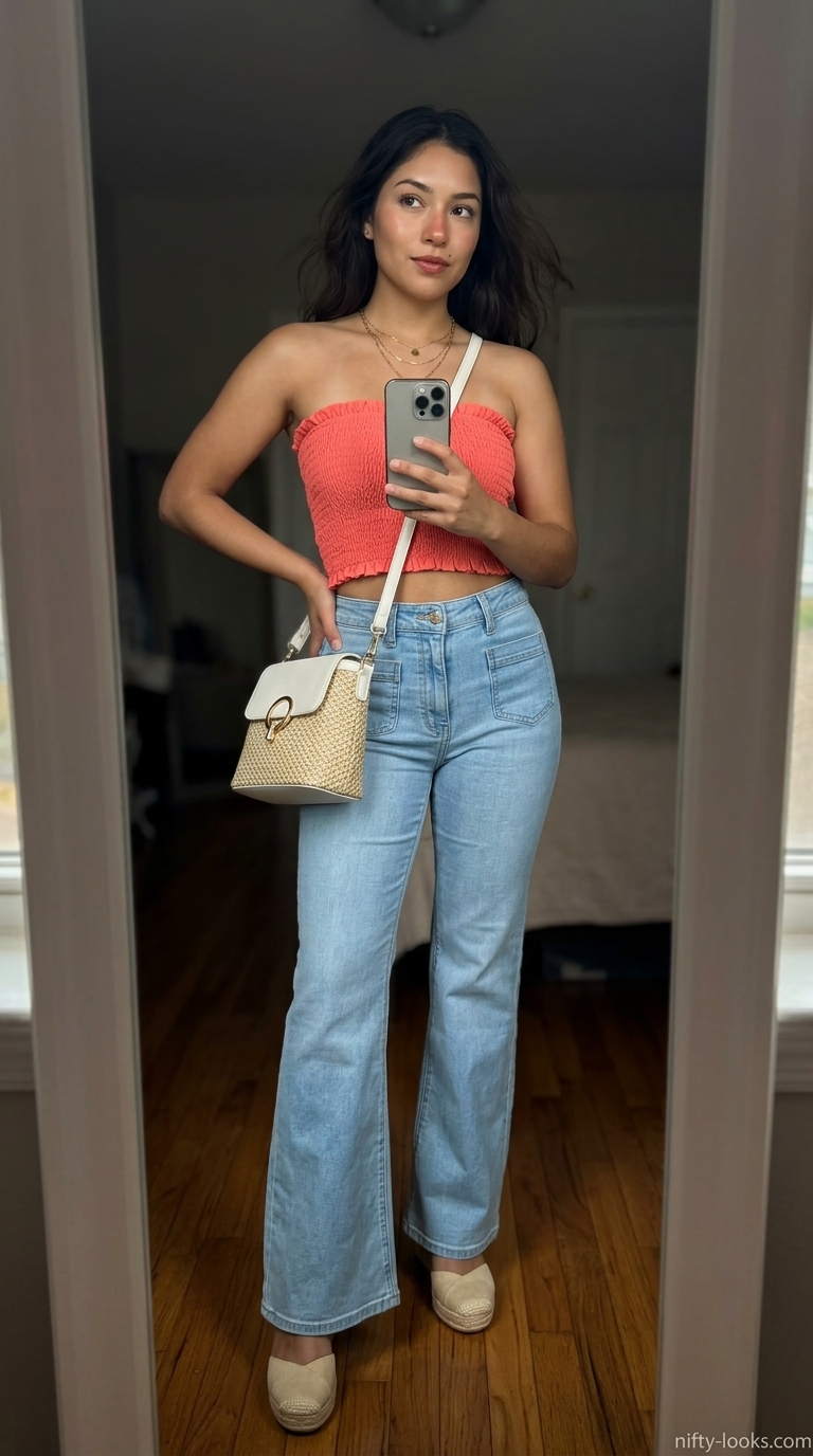 Bohemian coral tube top with light wash flare jeans for a relaxed summer evening 2026.