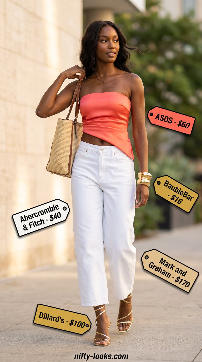 Coral tube top with white wide-leg jeans for a glamorous poolside party outfit 2026.