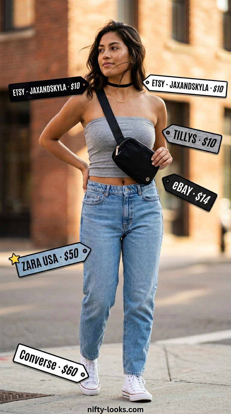 Comfortable summer tube top with jeans outfits 2026: Grey knit tube top, mom jeans, white sneakers, black belt bag.