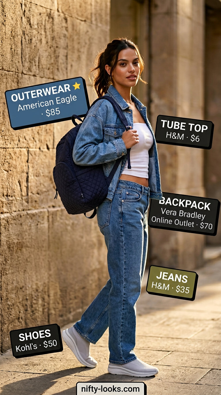 Casual summer tube top with jeans outfits 2026: Relaxed fit jeans, white tube top, denim jacket, backpack.