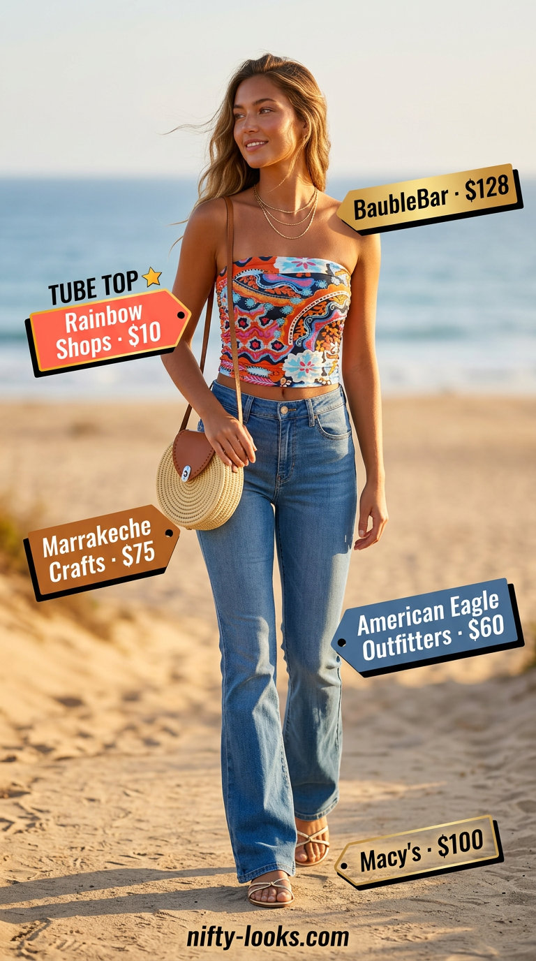 Vibrant patterned tube top with tan denim flare jeans for a beach party 2026.