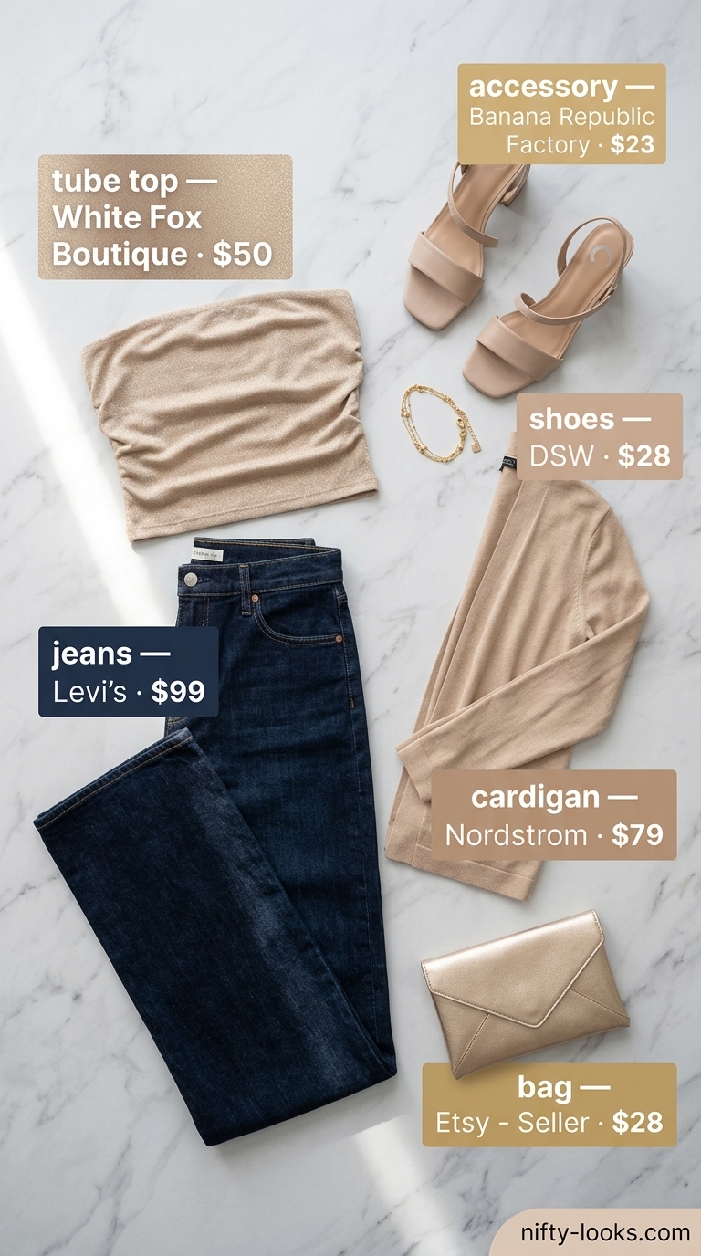 Elegant summer tube top with jeans outfits 2026: Champagne satin tube top, dark wash wide-leg jeans, knit cardigan.