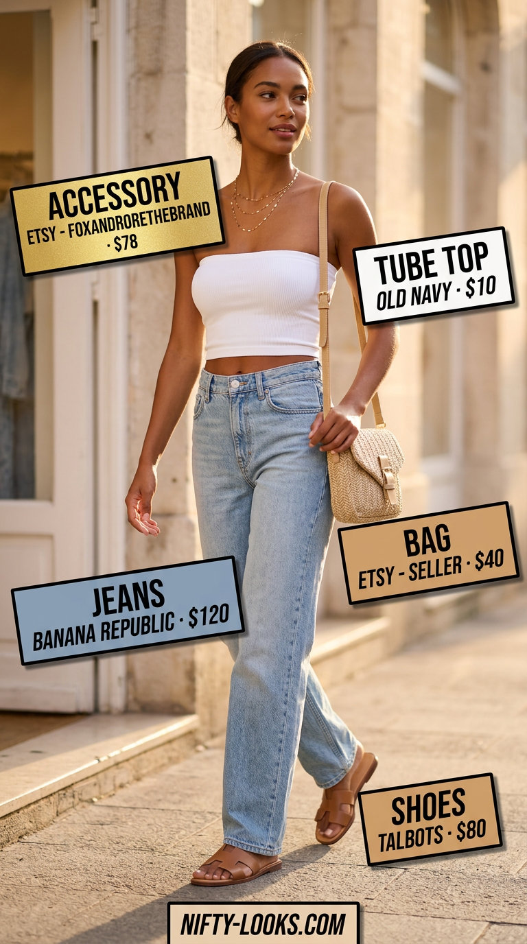 Effortless white tube top with light wash straight-leg jeans for a casual day 2026.