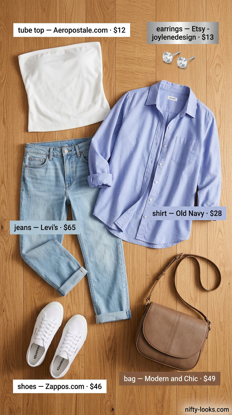 Casual summer tube top with jeans outfits 2026: Light wash boyfriend jeans, white tube top, oversized shirt, sneakers.