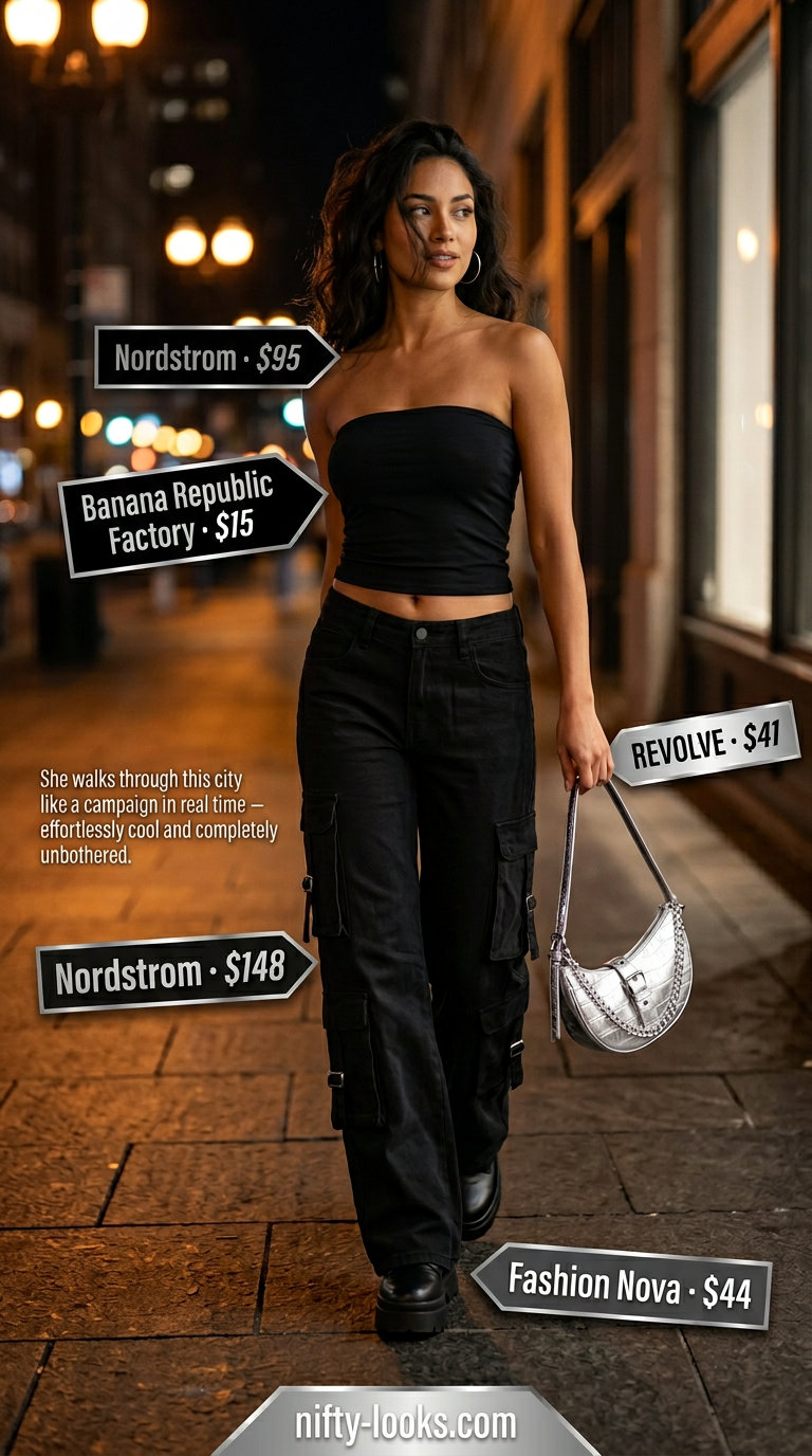 Edgy black tube top with black cargo jeans for a night out outfit 2026.