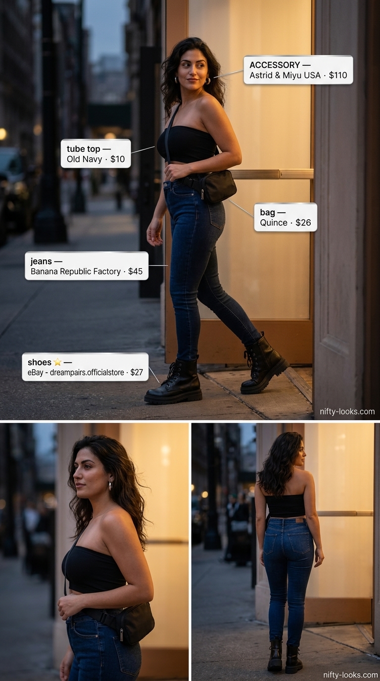 Streetwear ribbed tube top with dark wash skinny jeans and combat boots 2026.