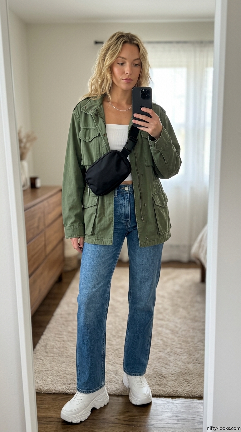 Edgy white tube top with medium wash straight-leg jeans and utility jacket 2026.