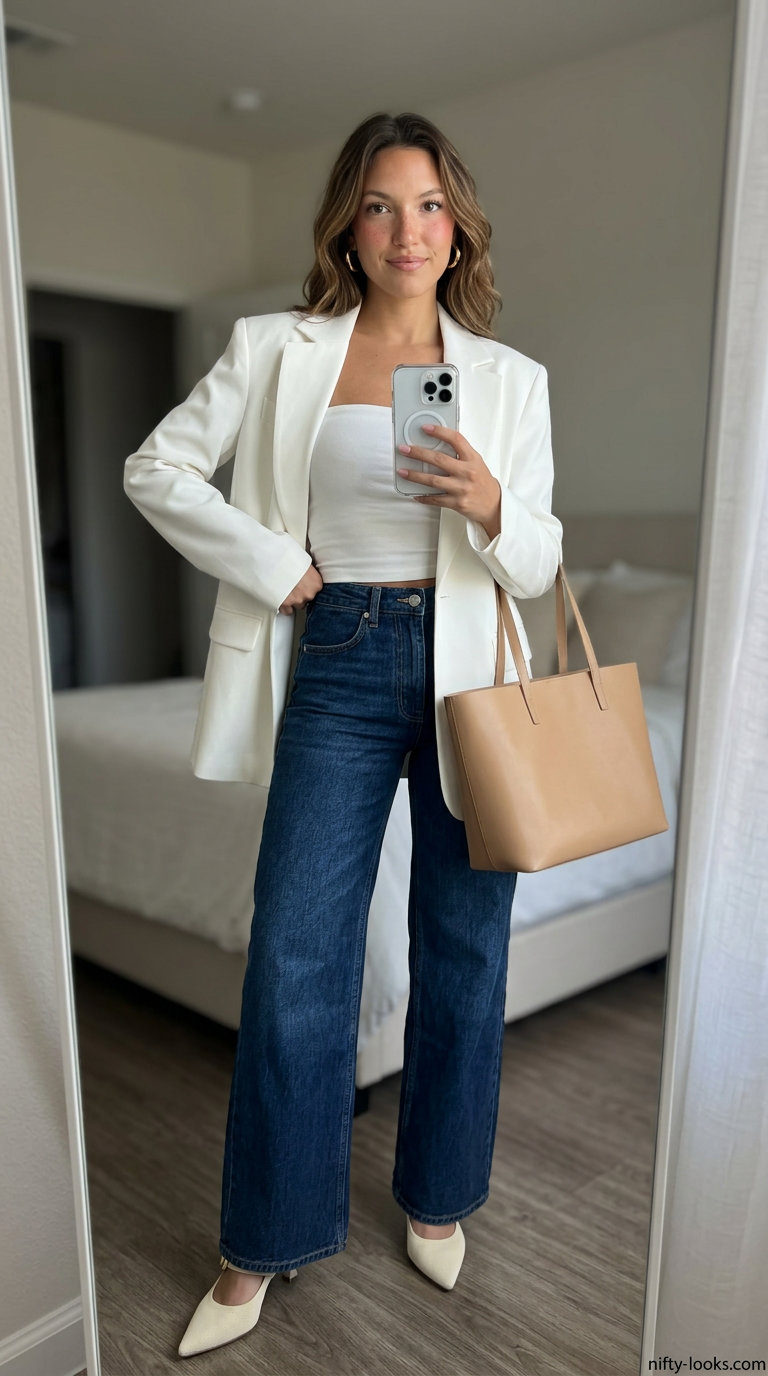Chic seamless tube top with dark wash wide-leg jeans and blazer for brunch 2026.