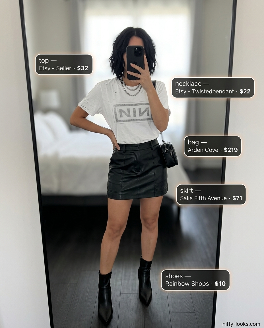 Edgy black faux leather ultra-mini skirt outfit for women 2026, perfect for concerts and night outs.