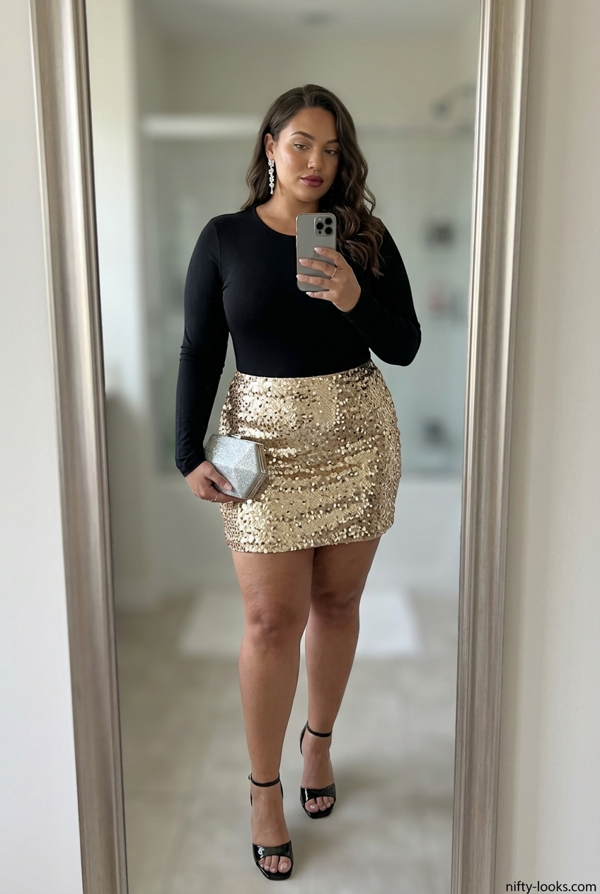 Glamorous gold sequin ultra-mini skirt outfit for women 2026, ideal for parties and cocktail events.