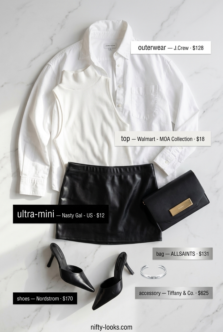 Chic black faux leather ultra-mini skirt outfit for women 2026, for gallery visits and casual dinners.