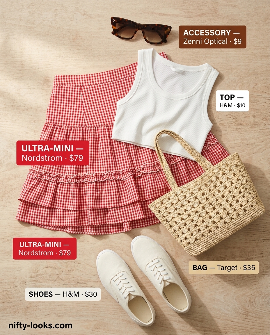 Retro red gingham ultra-mini skirt outfit for women 2026, perfect for beach days and summer festivals.