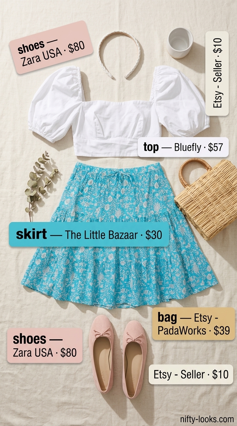 Sweet pastel blue floral ultra-mini skirt outfit for women 2026, ideal for picnics and brunch.