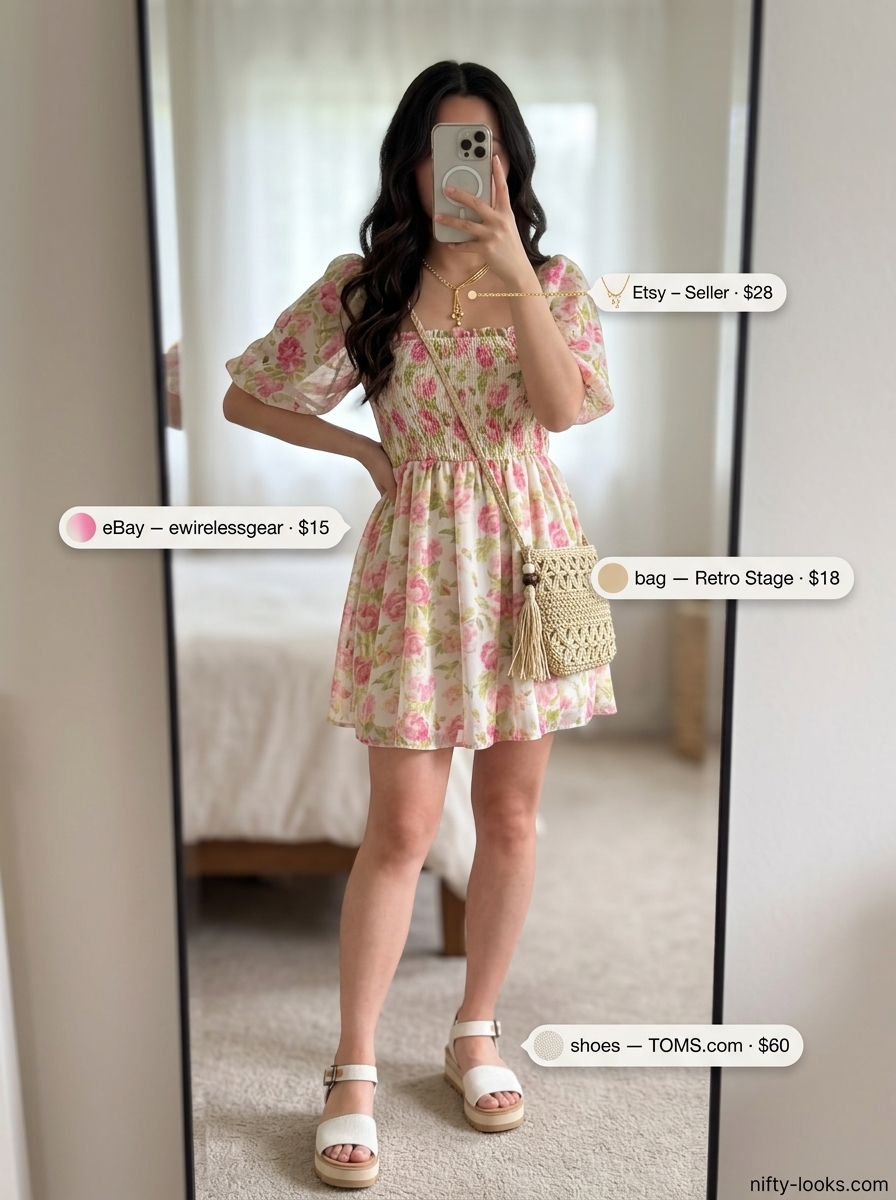 Romantic pastel pink floral ultra-mini dress outfit for women 2026, for summer dates and garden parties.