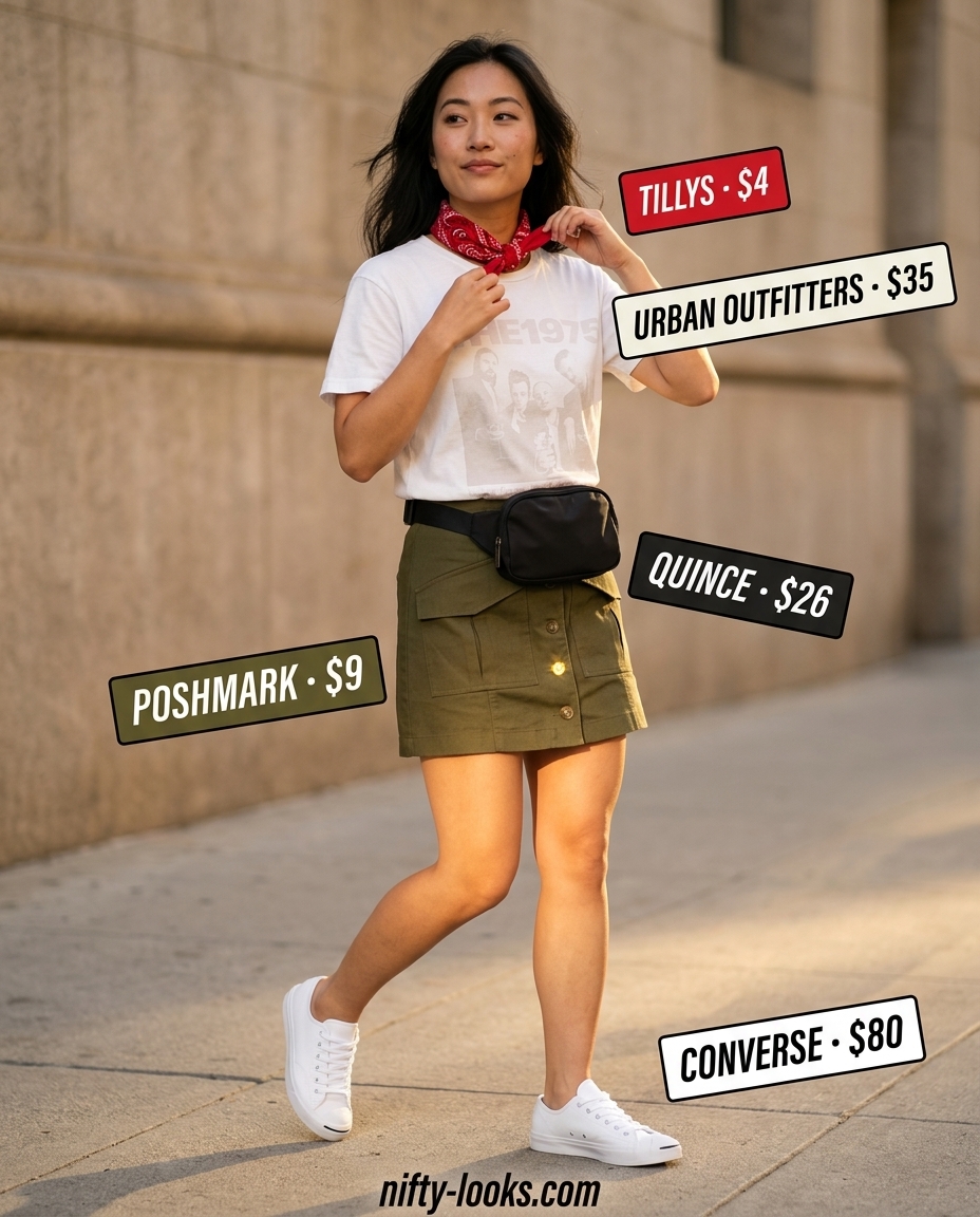 Casual olive green utility ultra-mini skirt outfit for women 2026, for weekend outings and errands.