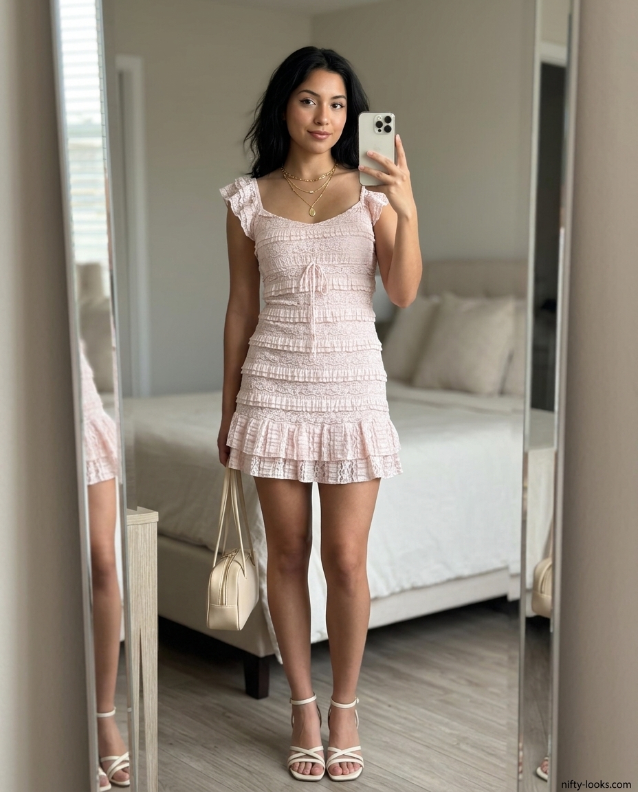 Summer Ultra-mini outfits for women 2026: Blush pink tiered ultra-mini dress with flutter sleeves and gold necklaces.