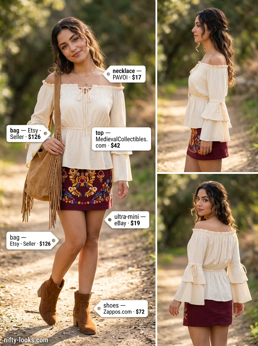 Boho chic summer ultra-mini outfit for women 2026: Embroidered skirt, peasant blouse, suede boots, and fringe bag.