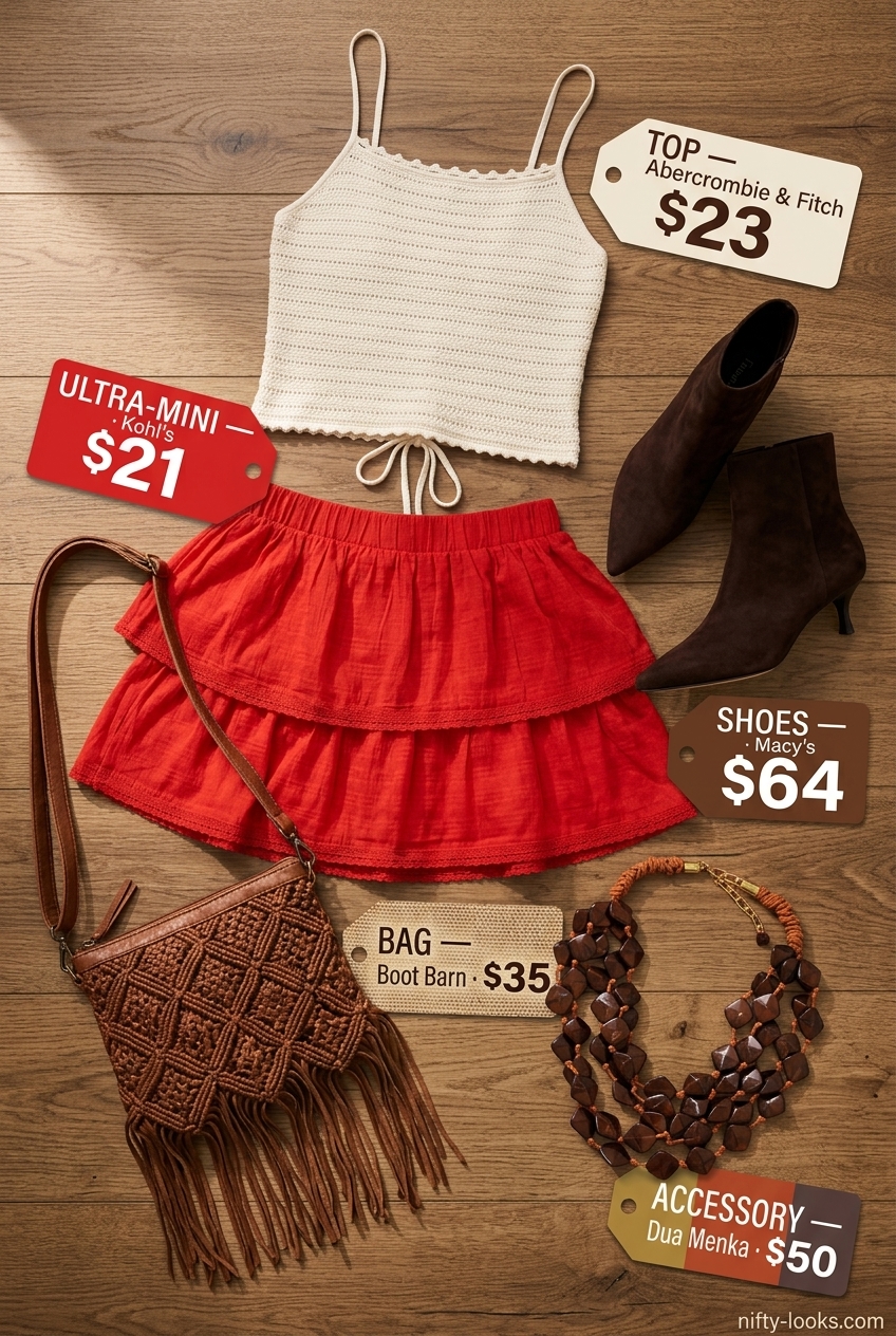 Boho summer ultra-mini outfit for women 2026: Terracotta tiered skirt, cream crochet top, suede boots, and woven bag.