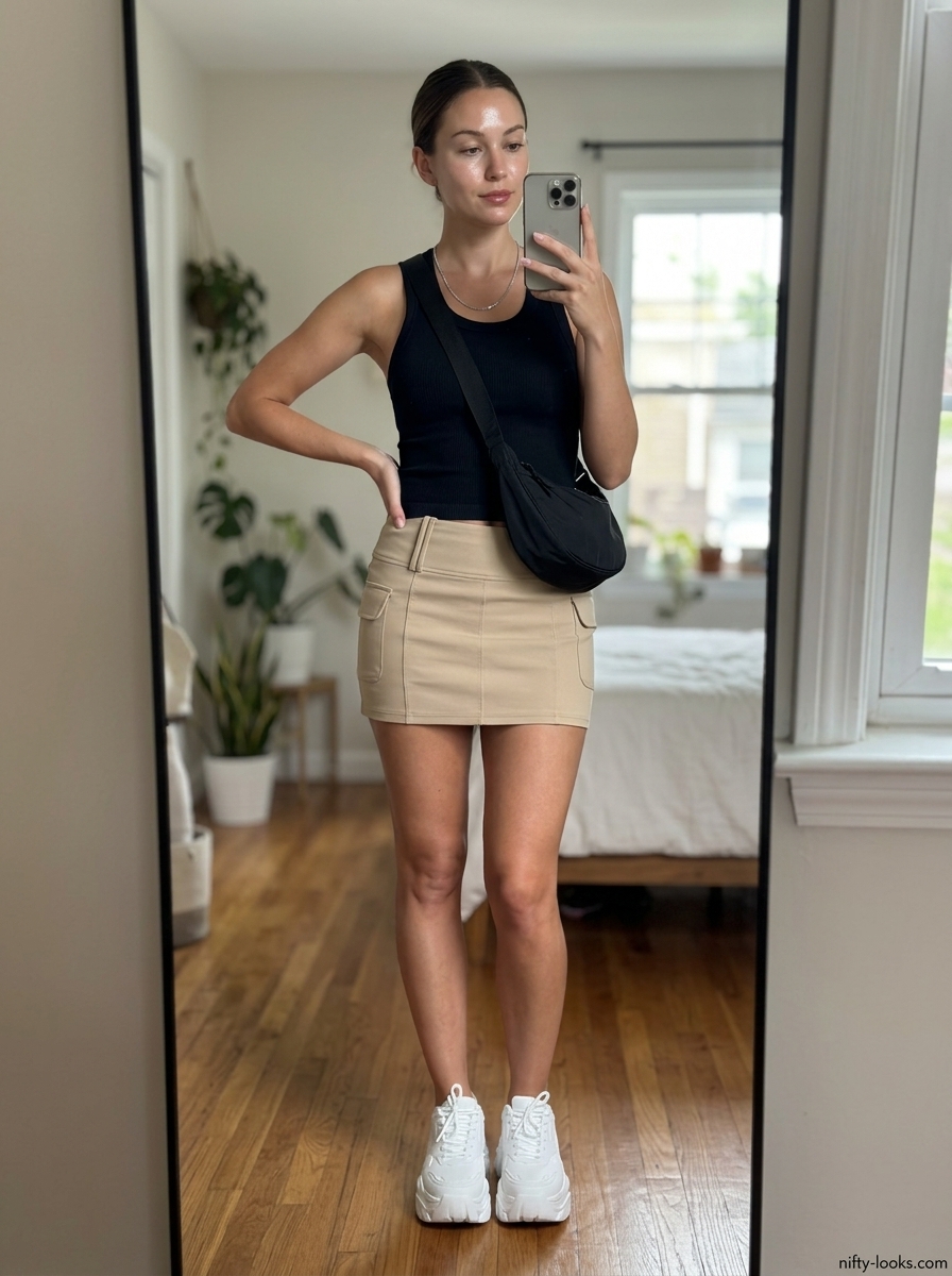 Summer Ultra-mini outfits for women 2026: Khaki cargo ultra-mini skirt with black tank and platform sneakers.