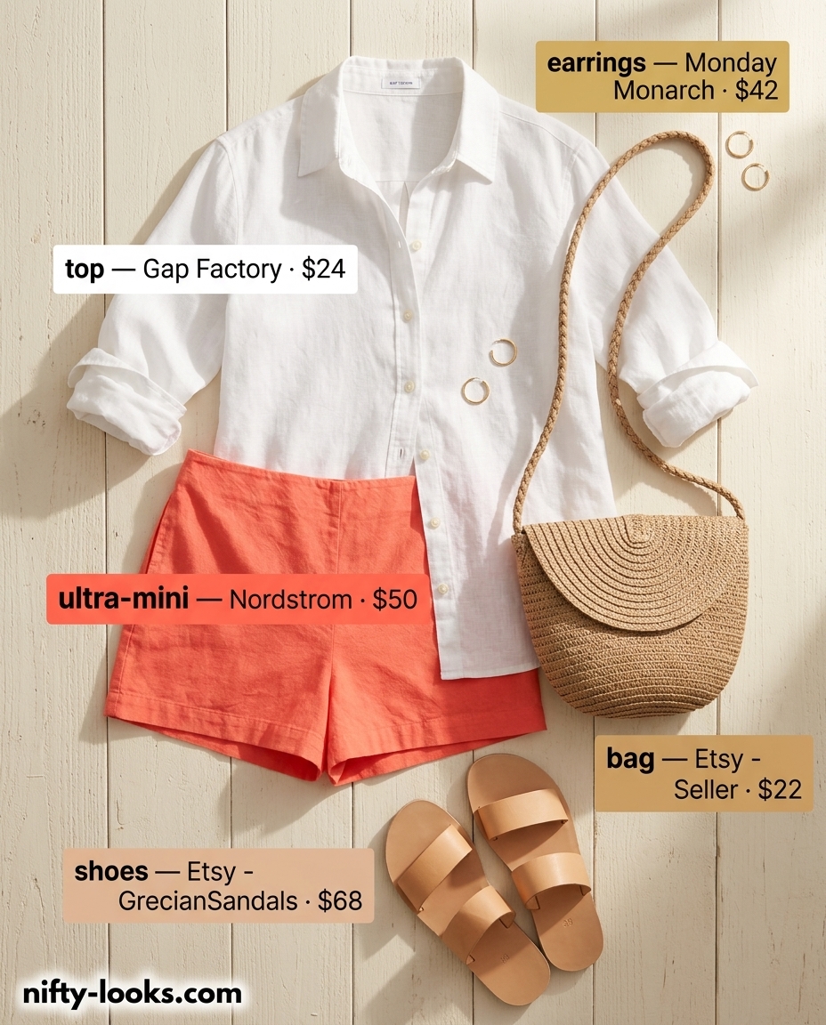 Summer Ultra-mini outfits for women 2026: Coral linen ultra-mini skirt with white linen shirt and straw bag.