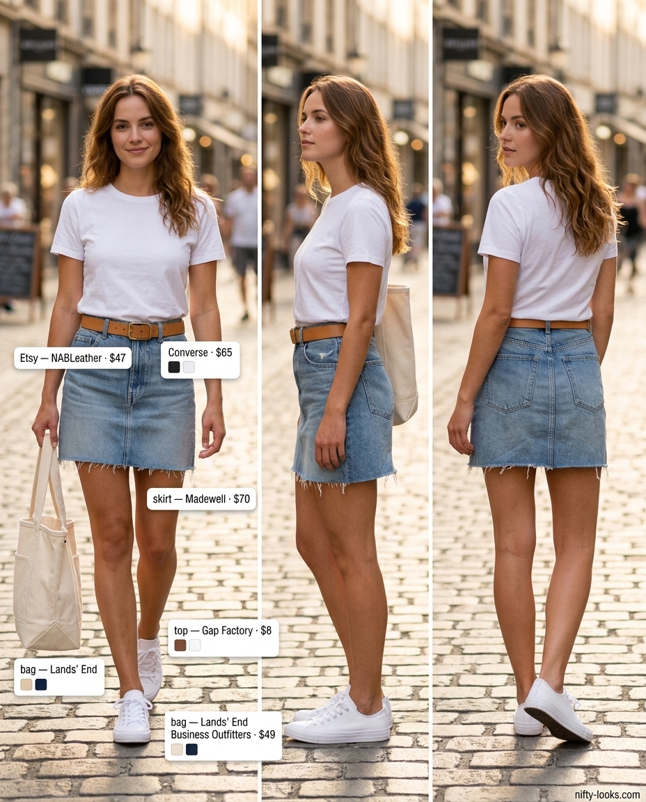 Summer Ultra-mini outfits for women 2026: Light wash denim ultra-mini skirt with white t-shirt and sneakers.