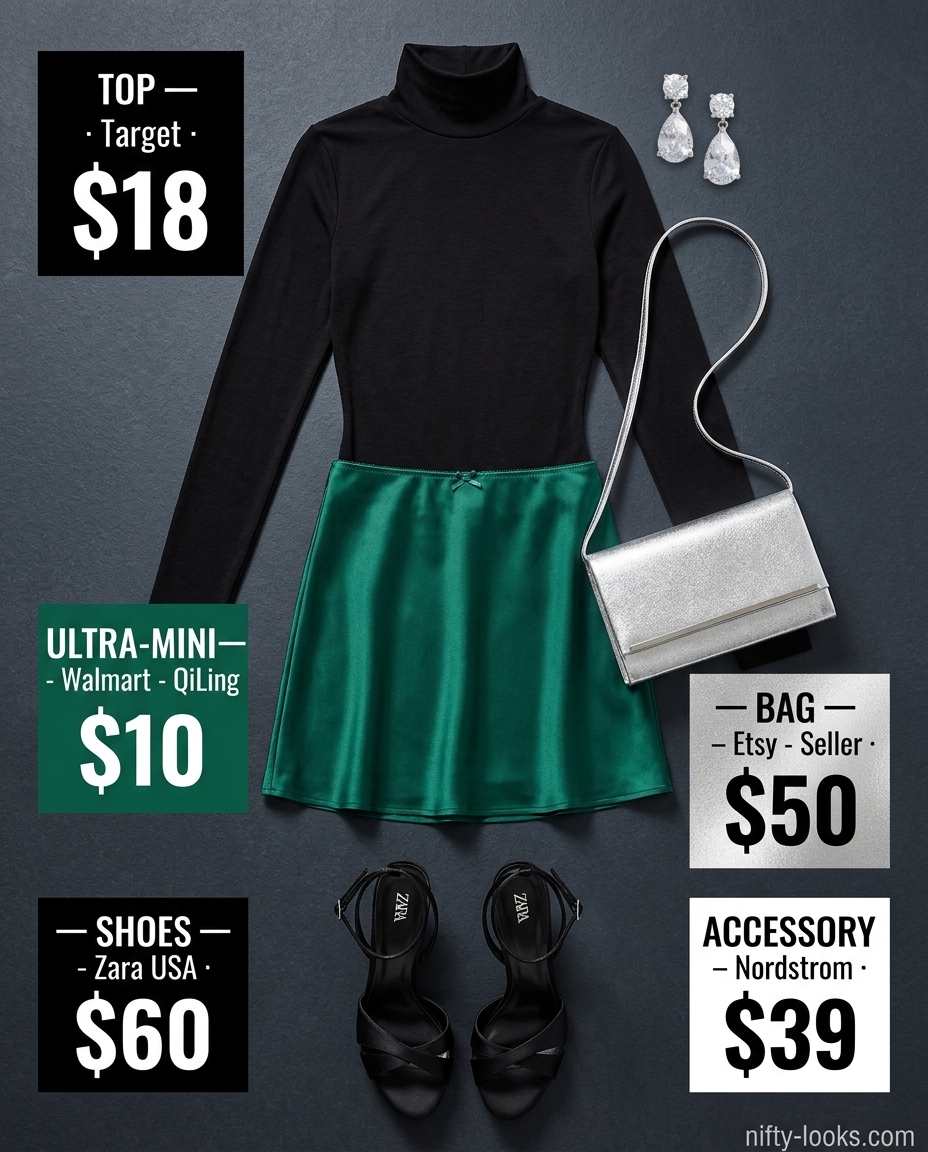 Elegant summer ultra-mini outfit for women 2026: Emerald satin skirt, black bodysuit, heeled sandals, and silver clutch.