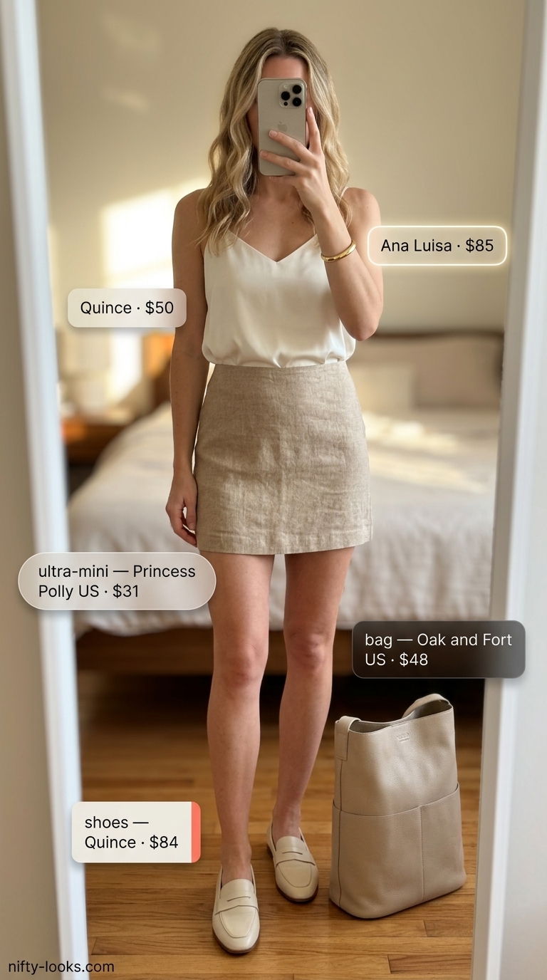 Minimalist summer ultra-mini outfit for women 2026: Ivory silk cami, beige linen skirt, loafers, and tote.