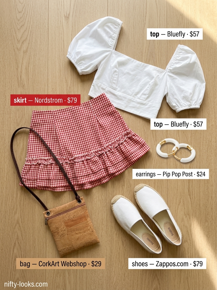 Playful picnic summer ultra-mini outfit for women 2026: Red gingham skirt, puff-sleeve top, espadrilles, and cork bag.