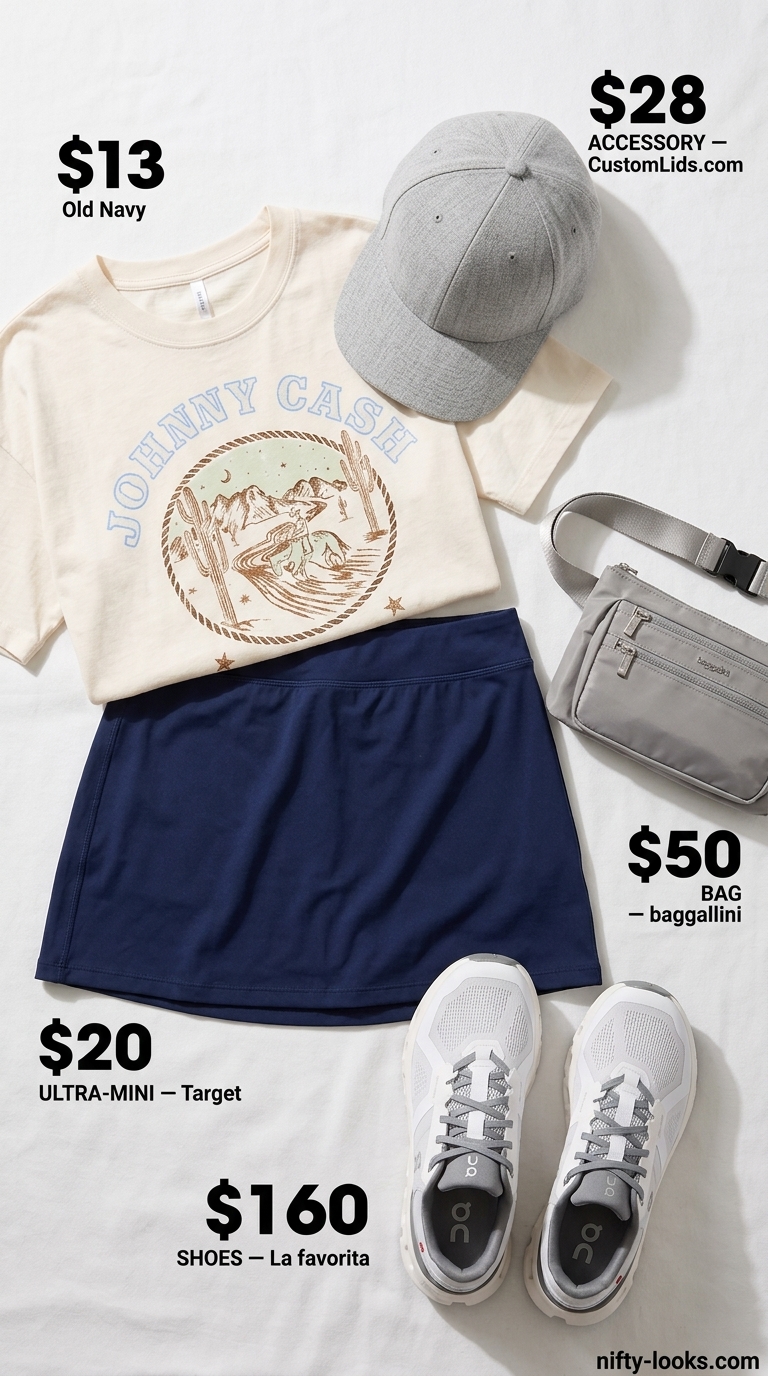 Sporty summer ultra-mini outfit for women 2026: Navy skort, oversized tee, baseball cap, belt bag, and sneakers.