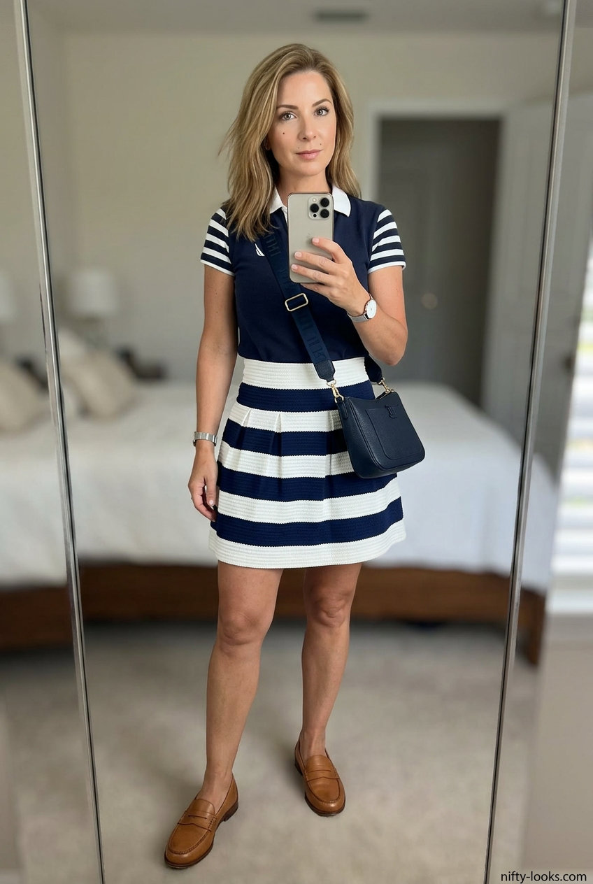 Summer Ultra-mini outfits for women 2026: Navy and white striped A-line ultra-mini skirt with white polo and penny loafers.