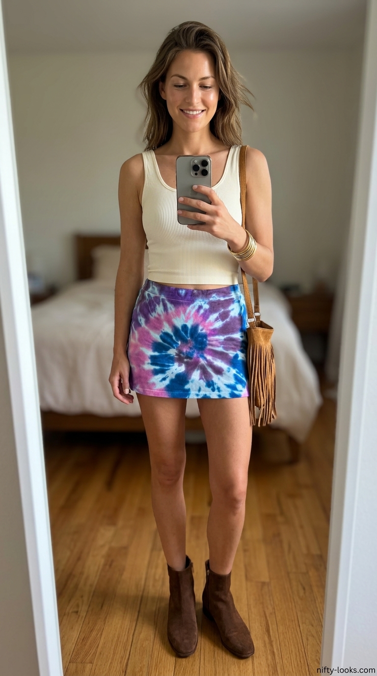 Summer Ultra-mini outfits for women 2026: Tie-dye ultra-mini skirt with white crop top and suede fringe bag.