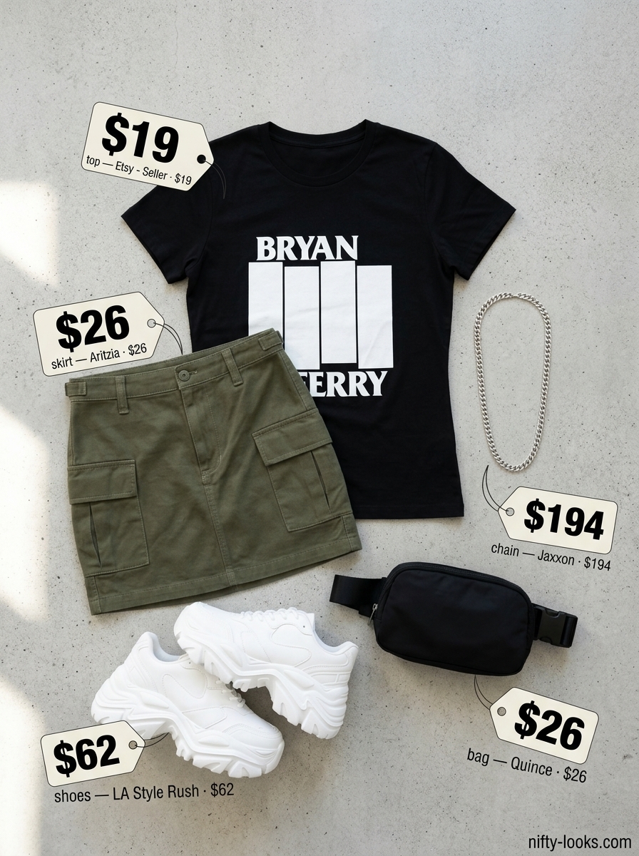 Urban explorer summer ultra-mini outfit for women 2026: Olive cargo skirt, graphic tee, chunky sneakers, and belt bag.