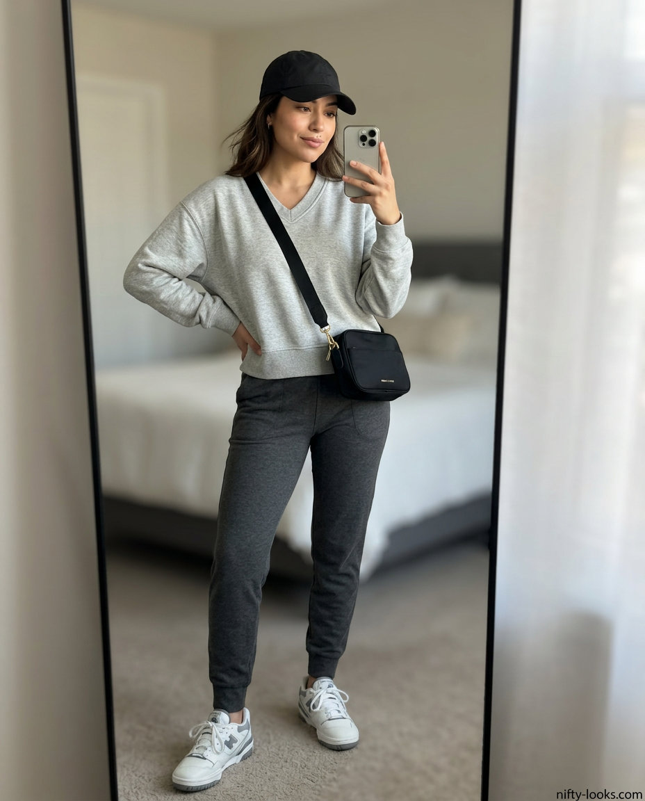 Comfortable summer v-neck outfits women 2026: Grey sweatshirt, jogger pants, sneakers for athleisure.