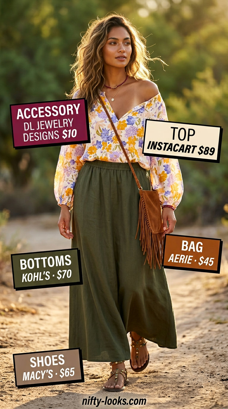 Cream floral v-neck peasant blouse with olive green maxi skirt for boho summer style. Summer v-neck outfits women 2026.