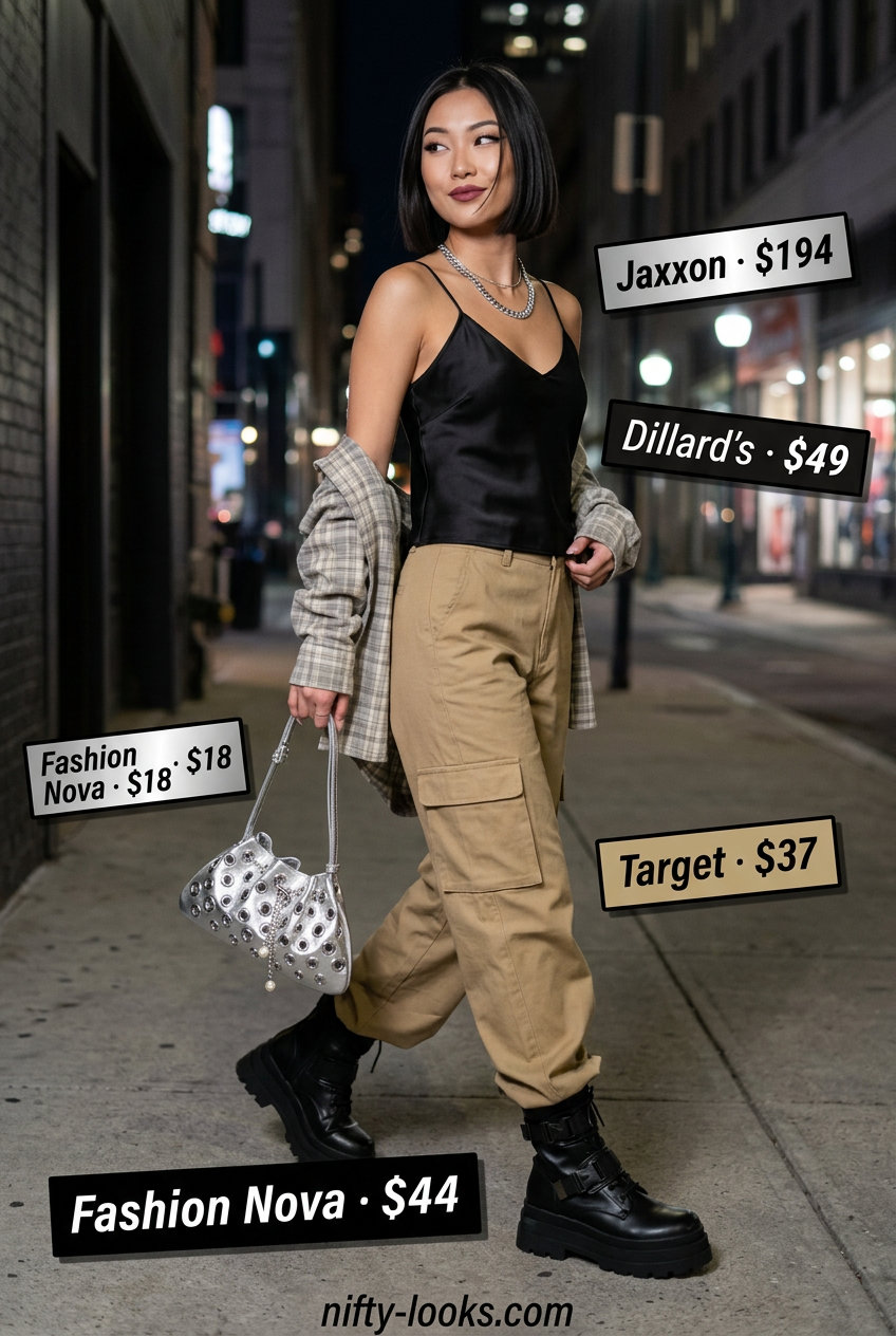 Edgy summer v-neck outfits women 2026: Black cami, khaki cargo pants, combat boots, silver bag.