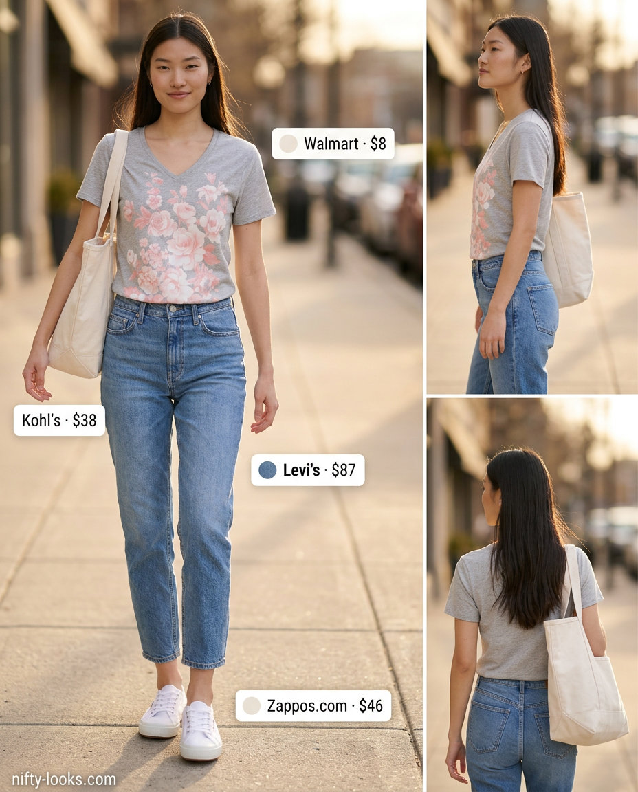 Casual summer v-neck outfits women 2026: Grey graphic tee, mom jeans, white sneakers, tote bag, silver necklace.