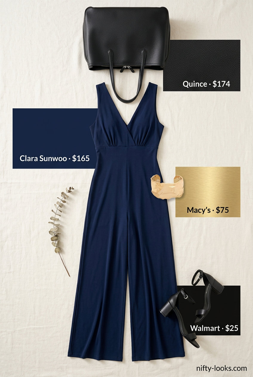 Polished summer v-neck outfits women 2026: Navy jumpsuit, black sandals, gold cuff for city chic.