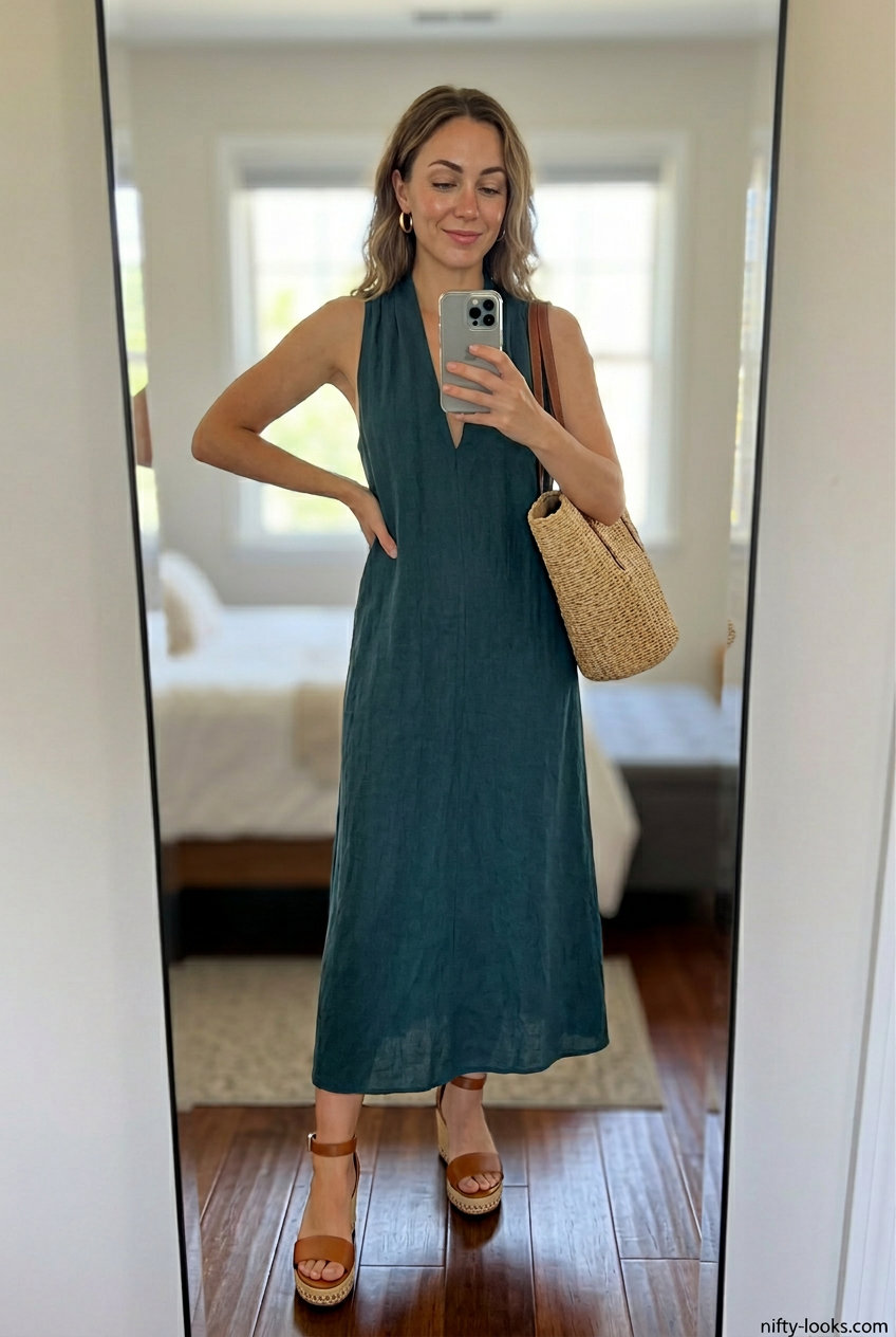 Navy blue v-neck midi dress for chic summer dinner or vacation evening. Summer v-neck outfits women 2026.