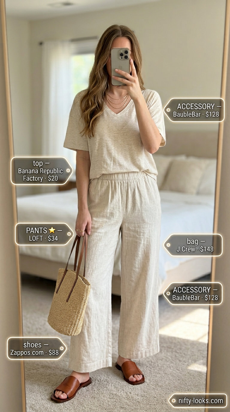 Relaxed summer v-neck outfits women 2026: Cream t-shirt, beige linen pants, tan sandals for beach day.