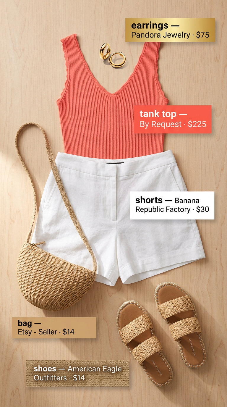 Coral v-neck knit tank top with white linen shorts for coastal sunset vibes. Summer v-neck outfits women 2026.